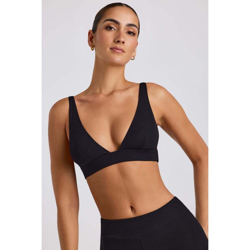 Oh Polly Ribbed Modal Triangle Bralette in Black Size LL